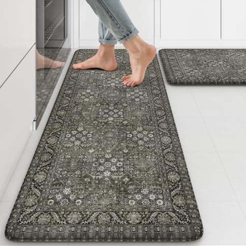 KIMODE Anti Fatigue Kitchen Mat 2PC,Waterproof Farmhouse Green Kitchen Rugs - color: Green/Grey, size: 47"L x 17.3"W x 0.47"Th + 29"L x 17.3"W x 0.47"Th