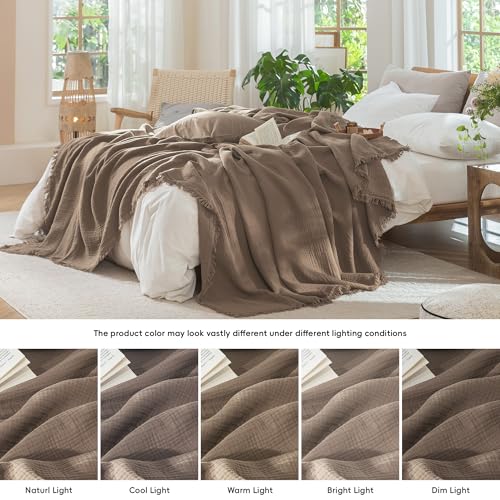 MooMee 100% Cotton Muslin Blanket, Fringed 4-Layer Gauze Bed Couch Throw - color: Brown, size: Throw