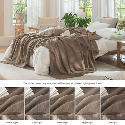 MooMee 100% Cotton Muslin Blanket, Fringed 4-Layer Gauze Bed Throw Blankets - color: Brown, size: Oversize Queen
