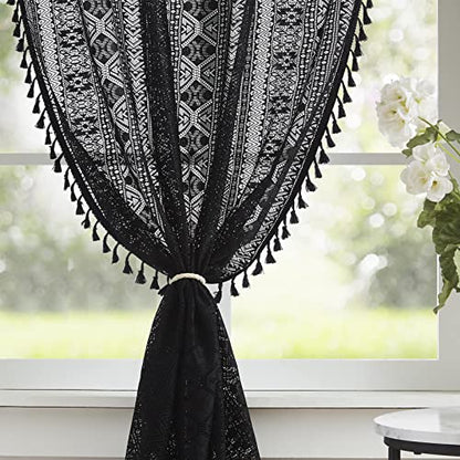 Black Boho Sheer Lace Window Curtains with Tassel, 40" Wx54 Lx2 - color: Black, size: 40"W x 54"L (Pack of 2)