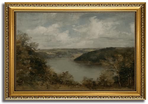 HNNXAR Gold Framed Wall Art Vintage Moody Landscape Wall Canvas Art Decor Rustic Pictures Impressionist Paintings Classic Scenery Prints Farmhouse Artwork for Bedroom Living Room - color: Lake, size: 24"L x 16"W
