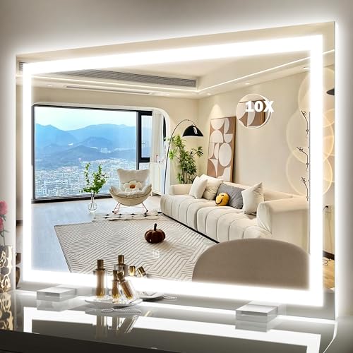 ROLOVE 38"x28" Inch Large Lighted Vanity Mirror, 3-Color Lighting & Dimmable Modes, LED Makeup Mirror for Bathroom/Dressing Room (Wall/Tabletop Mount, White) - color: White, size: 38"L x 28"W
