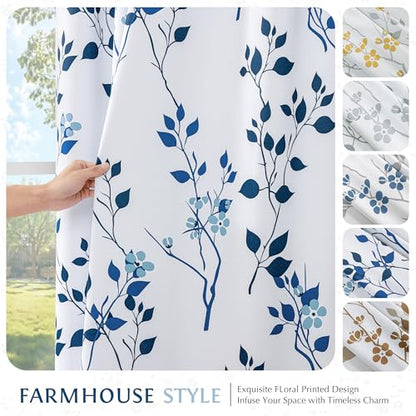 Beauoop Floral 100% Blackout Curtains for Bedroom Navy Blue 52X84 2 Panels