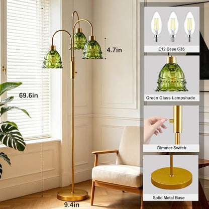 3-Light Glass Floor Lamp Green Shade 70" Gold Dimmable Tall Standing Lamp - color: Green Lace-Gold