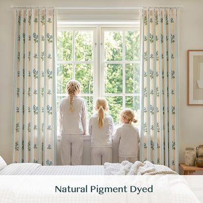 Pinch Pleat Linen Blend Curtains Blue Stripe Floral, 40"W x108 Inches Long - color: Blue Stirpe, size: 40"W x 108"L (Pack of 2)