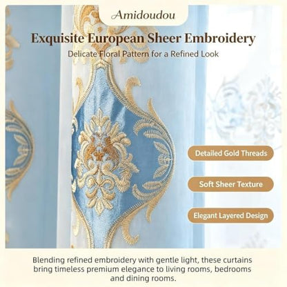 Amidoudou 1 Pair European Double Layer Curtains with Sheer Curtains for Living Room Bedroom Luxury Embroidered Blackout Curtains (Blue,52x90 Inch) - color: Blue, size: 52"W x 90"L (Pack of 2)