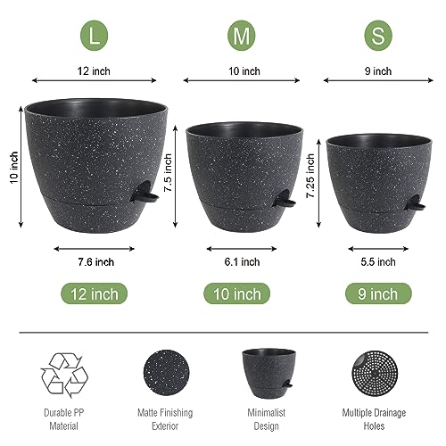 UOUZ Large Self Watering Pots, 12/10/9 Plastic Planters with High Drainage Holes and Deep Reservoir for Indoor Outdoor Garden Plants and Flowers, Black Speckles - color: Black Speckles