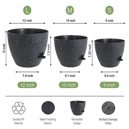 UOUZ Large Self Watering Pots, 12/10/9 Plastic Planters with High Drainage Holes and Deep Reservoir for Indoor Outdoor Garden Plants and Flowers, Black Speckles - color: Black Speckles