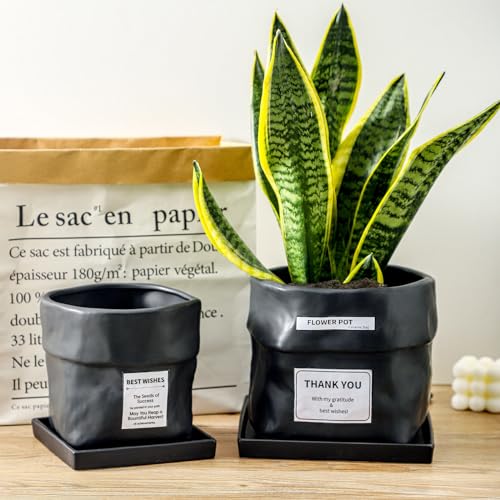 Nihow 8 Inch Ceramic Plant Pot with Drainage & Square Saucer,Black - color: Black, size: 8 Inch