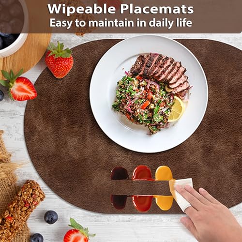 ADRIMER Oval Placemats Set of 6, Wipeable Faux Leather, Brown - color: Brown