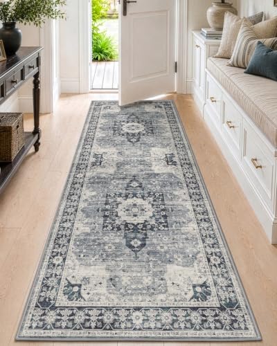 DEXI Hallway Runner Rug Non Slip Washable 3x8, Vintage Floral, Blue Grey - color: Blue Grey, size: 3' x 8' (Runner)