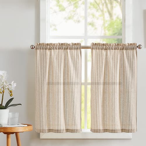 Vangao Taupe Stripe Linen Tiers Curtains 36 Inch Farmhouse 2 Panels - color: Boxter Striped| Taupe on Beige, size: 26"W x 36"L (Pack of 2)