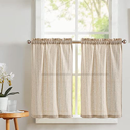 Vangao Taupe Stripe Linen Tiers Curtains 36 Inch Farmhouse 2 Panels - color: Boxter Striped| Taupe on Beige, size: 26"W x 36"L (Pack of 2)