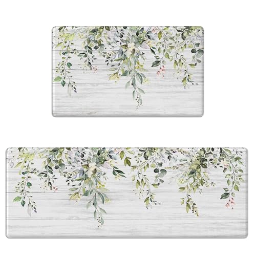 Kitchen Rug Mats for Floor Cushioned Anti Fatigue Green Eucalyptus Kitchen Rugs Sets of 2 Farmhouse Non Slip Waterproof Comfort Memory Foam Standing Floor Mat for Office Laundry Sink Desk - color: Soft Green, size: 46"Lx17"W+29"Lx17"W-0.3"H