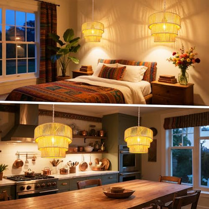 Maliralt Rattan Pendant Light Hanging Lamps - 16.4ft Plug in Cord Hanging Light Fixture Plug Into Wall Outlet Pendant Lighting with On Off Switch for Bedroom Living (3-Tier Rattan Lamp Shade) - size: 12.5 Inch-3-tier Ratan lampshade