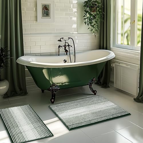BSICPRO Bathroom Rugs Sets 2 Piece, Non Slip Striped Bath Mat, Hunter Green - color: Hunter Green, size: 20" x 32" Plus 16" x 24"