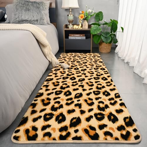 Amearea Soft Leopard Runner Rugs, 2x6 Cheetah Print Bedroom Bedside Rugs - color: Khaki, size: 2' x 6' (Runner)