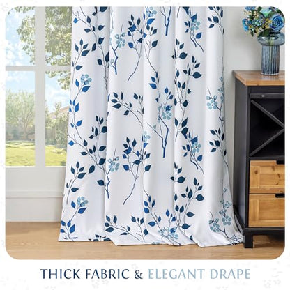 Beauoop Floral 100% Blackout Curtains for Bedroom Navy Blue 52X84 2 Panels