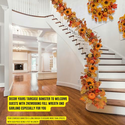 60 Inch Fall Garland (5 Ft) with Sunflowers and Pumpkins, Artificial Autumn Harvest Garland with Maple Leaves & Berries for Mantel Thanksgiving Home Decor Indoor Outdoor