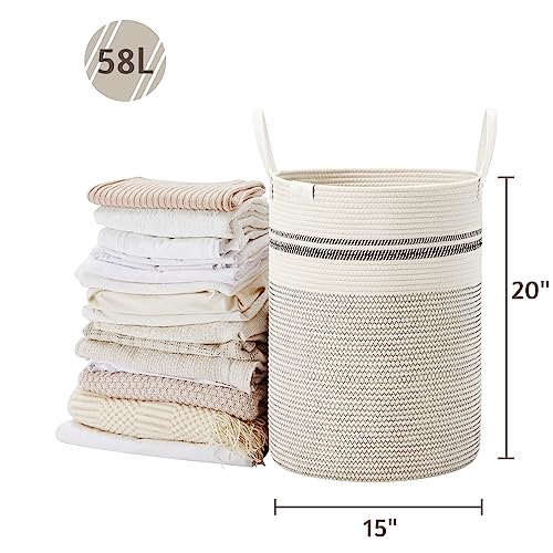 VIPOSCO 58L Tall Woven Rope Laundry Hamper, Leather Handles, Stripe White - color: Stripe White, size: 58L