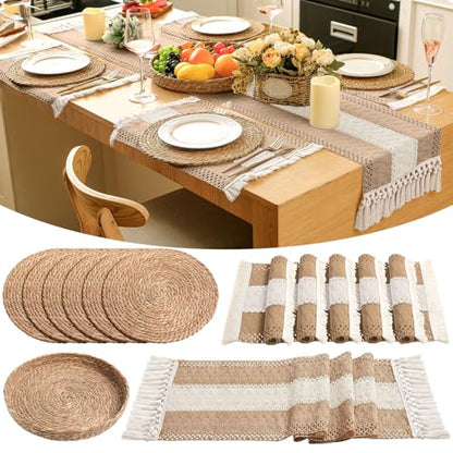 Boho Table Runner and Placemats Set, 6 Sets, Khaki B, 12x72 - color: Khaki B, size: 12x72"