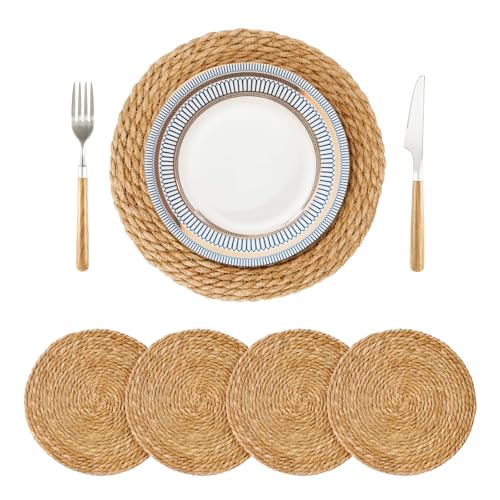 Woven Placemats Set, 12" Round Boho Hand-Woven Rattan Natural Water Hyacinth Placemats, Farmhouse Weave Chargers, Heat Resistant Rustic Braided Wicker for Dining Table,Kitchen,Wedding,Home(Set of 4) - size: 12inch Set of 4