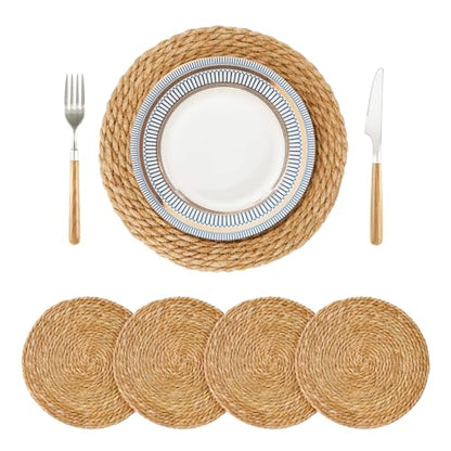Woven Placemats Set, 12" Round Boho Hand-Woven Rattan Natural Water Hyacinth Placemats, Farmhouse Weave Chargers, Heat Resistant Rustic Braided Wicker for Dining Table,Kitchen,Wedding,Home(Set of 4) - size: 12inch Set of 4