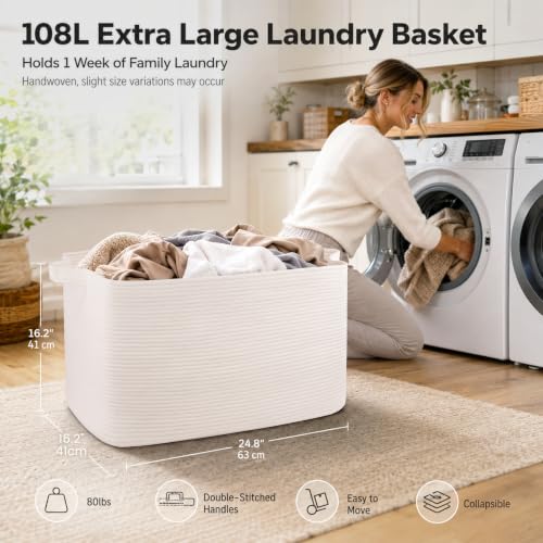 OIASKET 108L Extra Large Blanket Basket Living Room, 24.8" x 16.2" x 16.2" - color: White, size: 24.8" x 16.2" x 16.2"