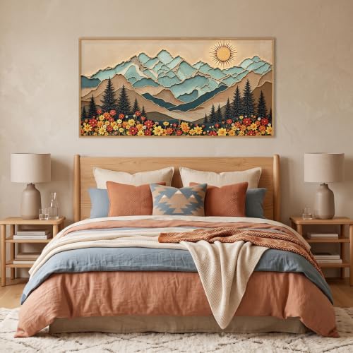 DRACIT Boho Wood Grain Mountain Framed Canvas Wall Art Set-40"*20" - color: Woodcut Style Mountain Wall Art, size: 40"L x 20"W