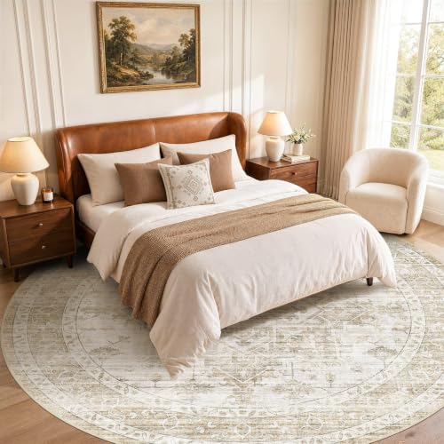 10ft Round Rugs for Living Room: Washable Neutral Beige Area Rug - color: Beige, size: 10' (Round)