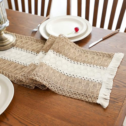 Simple&Opulence Boho Macrame Table Runner - 12 x 90 Inch, Splicing Burlap Farmhouse Cotton Table Runner with Fringed Edges for Bohemian Rustic Wedding, Bridal Shower, Dinner （Brown & White） - size: 12"x90", style: White