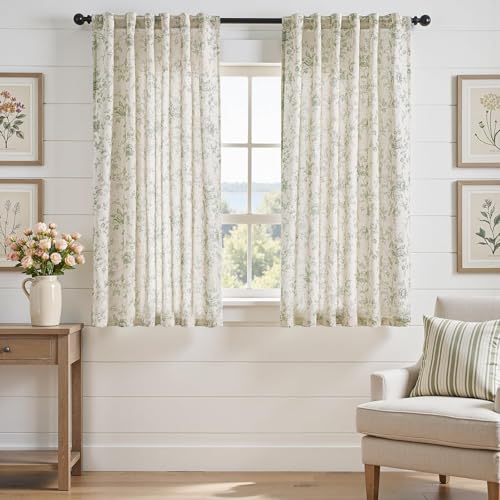 jinchan Linen Curtains 63 inch Green Floral Farmhouse Rod Pocket 2 Panels - color: Amlie Green, size: 50"W x 63"L (Pack of 2)