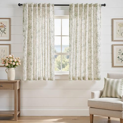 jinchan Linen Curtains 63 inch Green Floral Farmhouse Rod Pocket 2 Panels - color: Amlie Green, size: 50"W x 63"L (Pack of 2)
