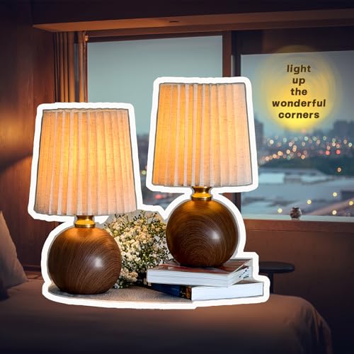 Small Pleated Table Lamp Set of 2 for Bedroom, Mini Bedside Lamps for Nightstand with Round Fabric Linen Shade, Dimmable Desk Lamp, Cute Table Lamps for Small Spaces for Living Room, Kids Room - style: 2 Modern