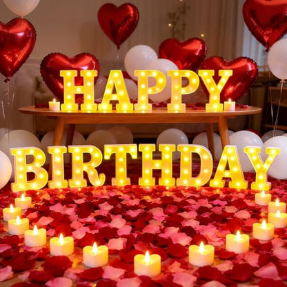 Happy Birthday Light up Letters, Include Tea Lights Candles, Latex Balloons, Aluminum Balloons and Rose Petals, Special Festival, Surprise Gifts for Women and Men - color: Happy Birthday