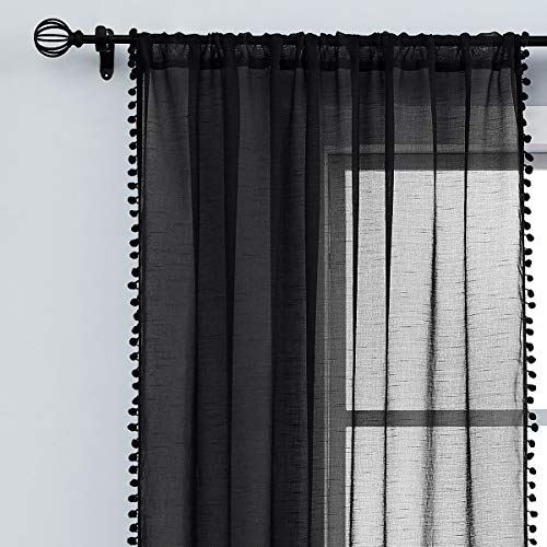Black Sheer Curtains for Living Room 52x95" Pom Pom Trimmed Voile Drape 2pc - color: Modern Black, size: 52"W x 95"L (Pack of 2)