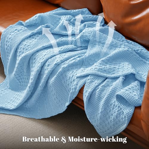 PHF Lightweight 100% Cotton Waffle Throw Blanket for Couch, Airy Blue - color: Airy Blue, size: Throw(50"x60")