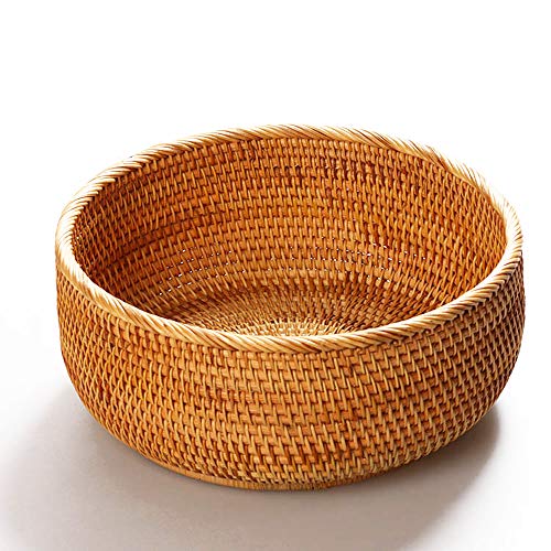 Hadewoven Round Rattan Fruit Basket Wicker Food Tray Weaving Storage Holder Dinning Room Bowl, 10 Inch Woven Bread Basket Key Bowls with 4”Wall for Table, Countertop (Large 9.8") - size: Large 9.8"