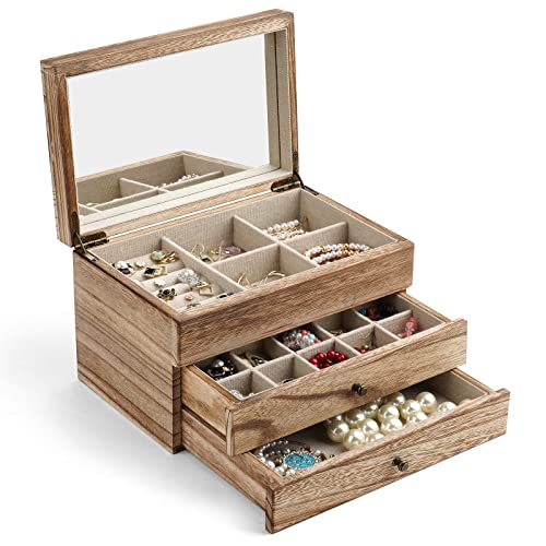 Meangood Jewelry Box Organizer for Women, 3 Layer Large Jewelry Storage Case, Rustic Wooden Jewelry Box with Mirror & Ring Tray for Necklace Earring Bracelets Rings, Vintage Style (Carbonized Black) - color: Torched Wood, size: 2-Drawer