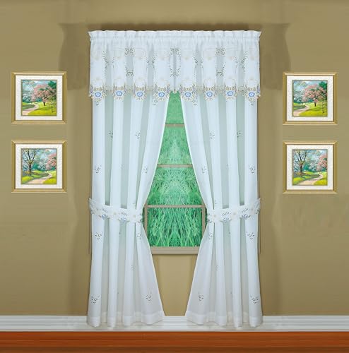 Today's Curtain Verona Reverse Embroidery Panel Pair and Tiebacks, 72", White/Blue, 80" W X 72" L - color: White/Blue, size: 80"W x 72"L (Pack of 1)