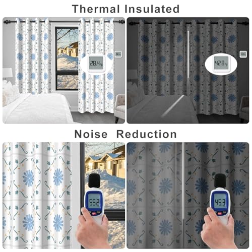 Blue Blackout Curtains 84 Inch Long 2 Panels Set, Gingham Floral Pattern Window Thermal Blackout Curtains for Bedroom and Living Room, Soundproof Privacy Thermal Insulated Curtains with Rope Tiebacks - color: Plaid Daisy Print