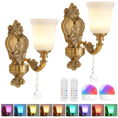 Battery Operated Wall Sconce Set of 2, RGB Dimmable Rechargeable Wall Light with Glass Shade, 48hr Battery Life Wireless Sconce with Remote Control Timer, Farmhouse Rustic Style Wall Lighting Fixture - color: 2 Pack