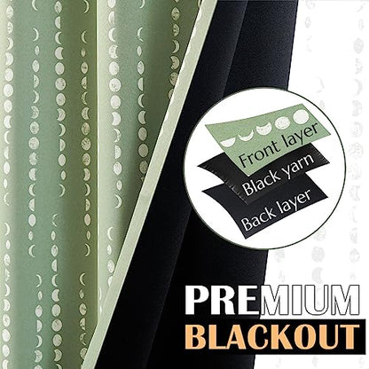 jinchan Boho Blackout Curtains 63 Inch Length Moon Phase Printed Drapes - color: Luna | Sage Green, size: 52"W x 63"L (Pack of 2)