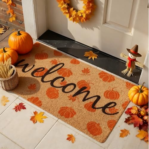 Fall Door Mat Outdoor Pumpkin Coir Welcome Doormat for Front Porch Entryway