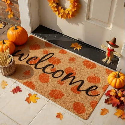 Fall Door Mat Outdoor Pumpkin Coir Welcome Doormat for Front Porch Entryway