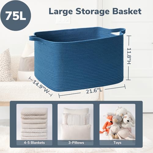 Goodpick Large Woven Rope Blanket Basket, Rectangle, Dark Blue - color: Dark Blue, size: Large(21.6"L x 14.9"W x 11.8"H)