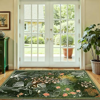 Yinhua Dark Green Area Rug for Entryway 3x5 Botanical Washable Rug Non Silp - size: 3' x 5' (Rectangular)