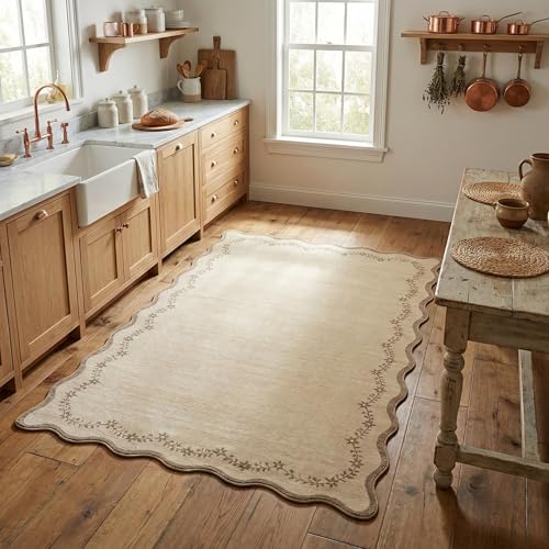 GarveeHome 3x5 Scalloped Washable Area Rug Non Slip Bedroom Entryway Rug - color: Jute, size: 3' x 5' (Rectangular)