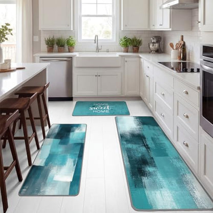 Fourluoo 3 Pcs Teal Turquoise Kitchen Rugs and Mats Set - color: Teal