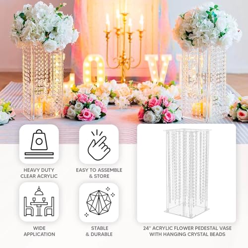 Efavormart 24" Heavy Duty Acrylic Flower Pedestal Vase with Hanging Crystal Beads, Clear Pillar Stand Wedding Table Centerpieces with Pre-Chained Garlands - 5mm Thick Plates - size: 24‘’
